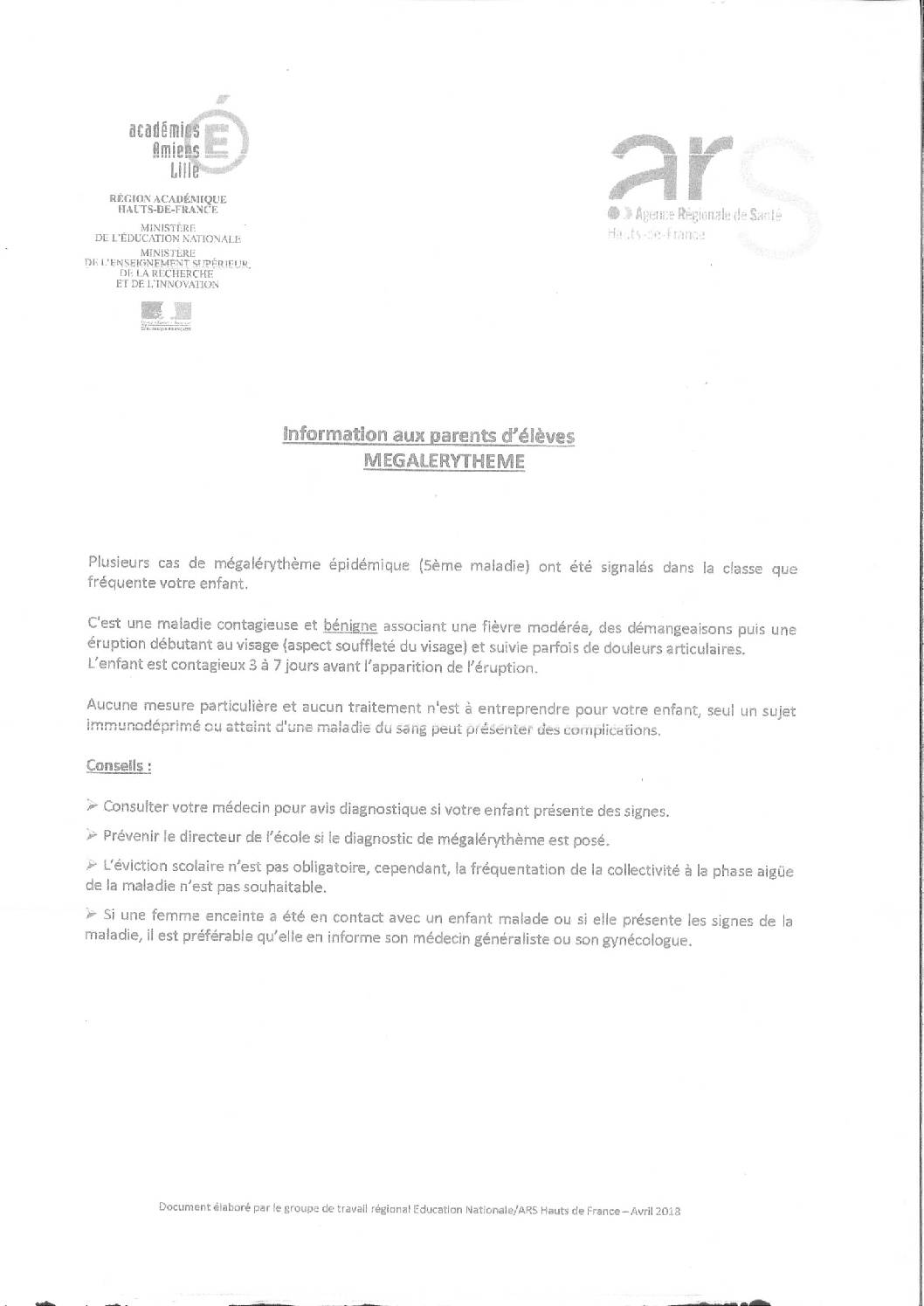 Informations aux parents d’élèves : cas de mégalerythème