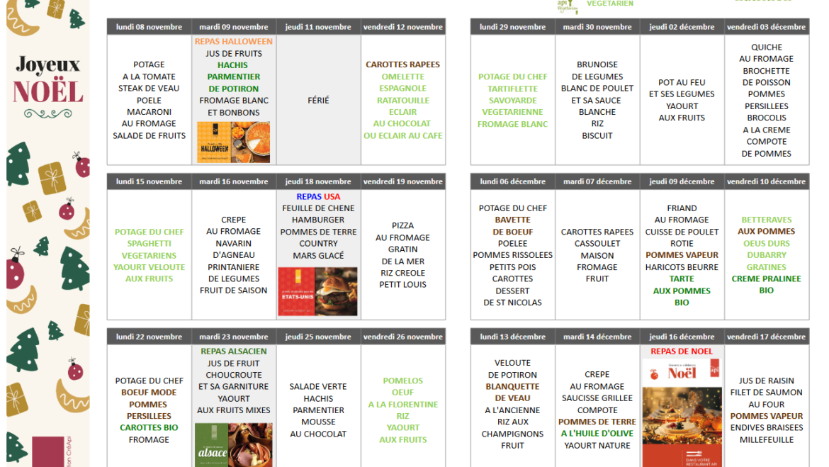 Menu de la cantine du 8 novembre au 17 décembre 2021