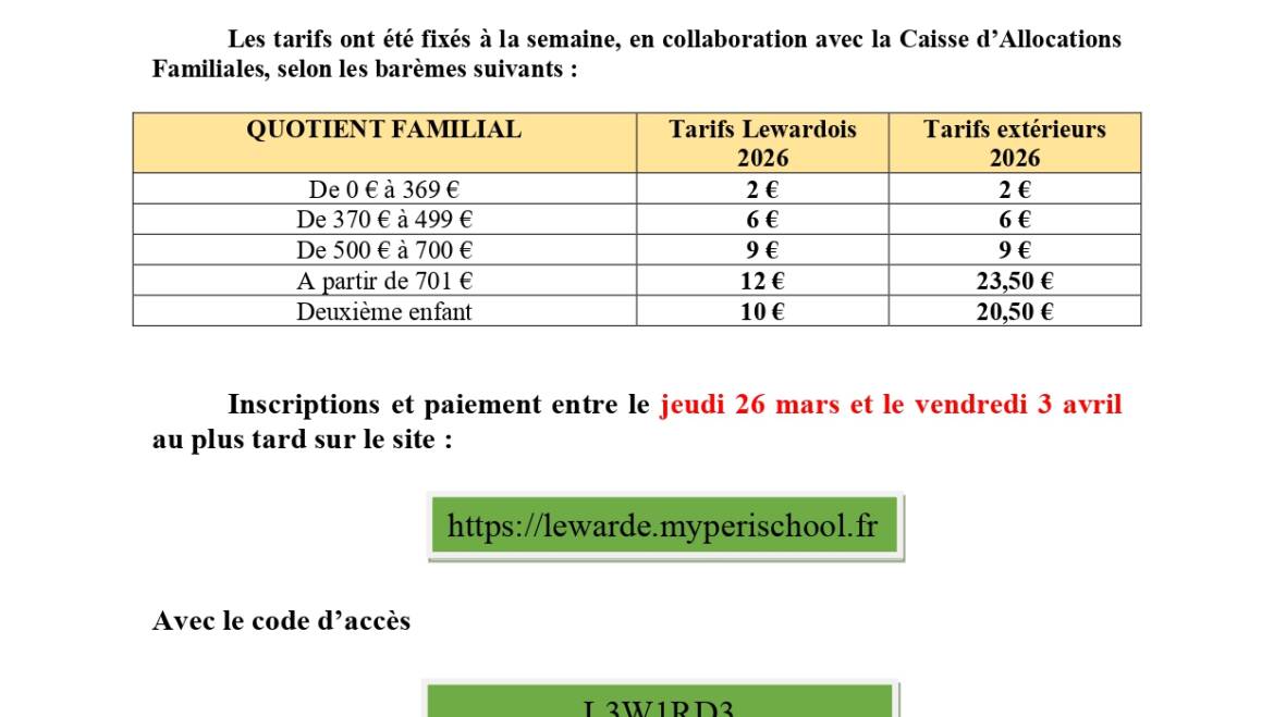 Inscriptions accueil de loisirs sans hébergement printemps 2026